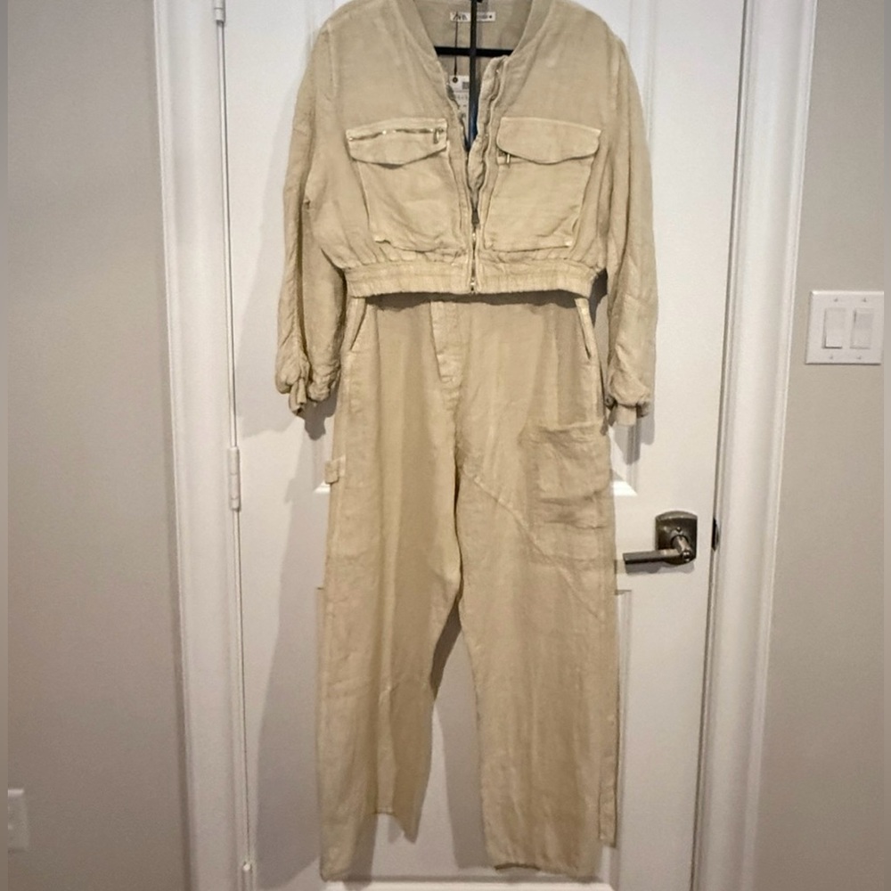 NWT ZARA Beige Linen Stylish Crossover Cargo Pant. Size Medium. - Picture 15 of 16